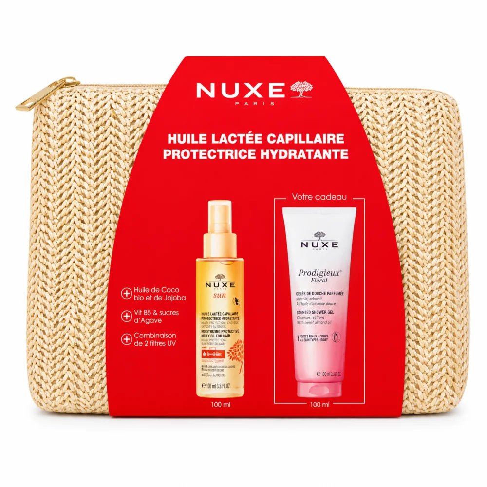 NUXE - Huile Lactee Capillaire Protectrice Hydratante + Gellee de Douche 100ML et Trousse Offertes